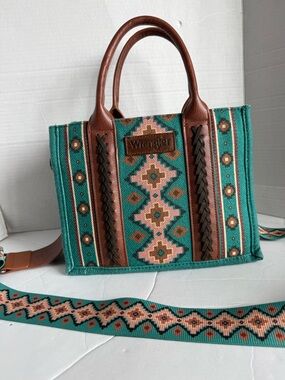 Wrangler Aztec Tote Bag for Women Boho Shoulder Purses and Handbags, Turquoise